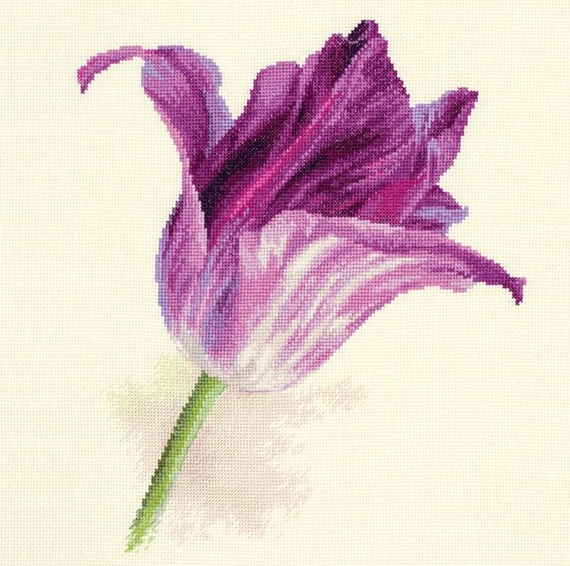 Tulips Lilac Velvet Cross-stitch kit featuring white aida fabric, colorful threads, and an embroidery needle.