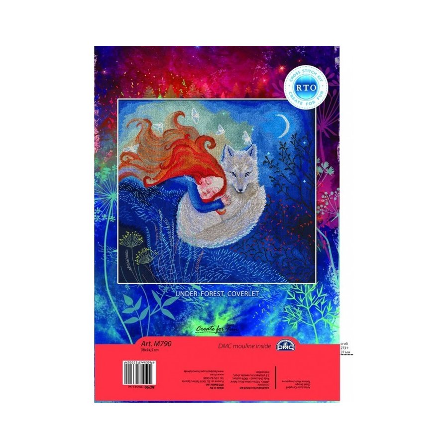 Under Forest Coverlet M790 Counted Cross Stitch Kit with navy Aida fabric and colorful DMC threads.