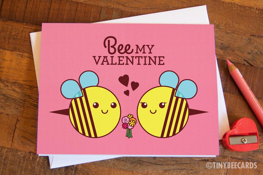 A whimsical Valentine's Day card featuring two cute bees with the text 'Bee My Valentine', designed for romantic gestures.