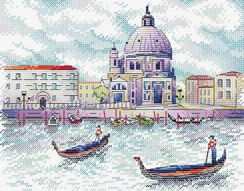 Venice M-522 Counted Cross Stitch Kit featuring 14 count AIDA canvas, 25 colorful threads, and a needle, designed by Daria Slesareva.