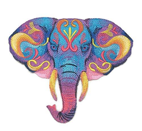 A vibrant watercolor embroidered patch featuring an elephant, showcasing intricate details and colors on a cotton base.