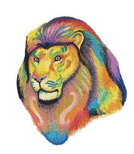 Vibrant lion watercolor embroidered patch showcasing intricate details and colors, perfect for iron-on or sew-on applications.