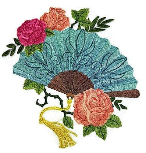 Victorian fan embroidered patch featuring roses, perfect for sewing or ironing onto garments.