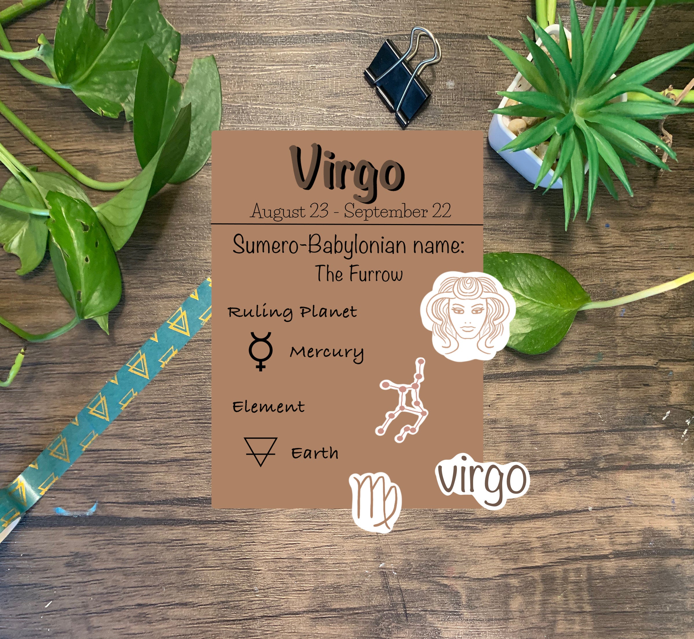 A colorful Virgo Zodiac Sticker Pack featuring four unique stickers including the Virgo symbol, constellation, and maiden, perfect for personalizing items.