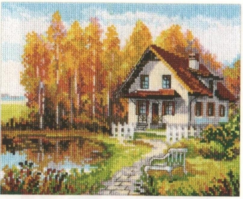 Visit to the Autumn 3-14 Cross-stitch kit featuring white Aida fabric, colorful threads, and an embroidery needle.