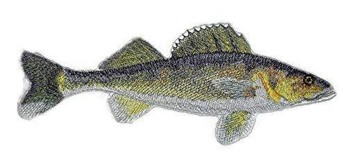 Walleye Fish embroidered patch, measuring 7 inches by 5.5 inches, showcasing intricate embroidery on a cotton base.