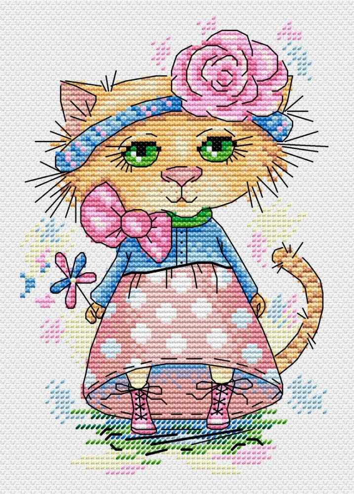 Walking Cat M-173 Counted Cross Stitch Kit featuring 14 count AIDA canvas, 24 colorful threads, and multilingual instructions.