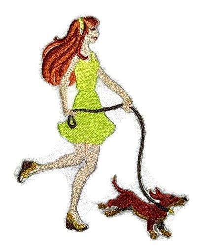 Embroidered iron-on patch featuring a walking Dachshund dog design, measuring 5 inches by 5.5 inches, showcasing vibrant colors and intricate details.