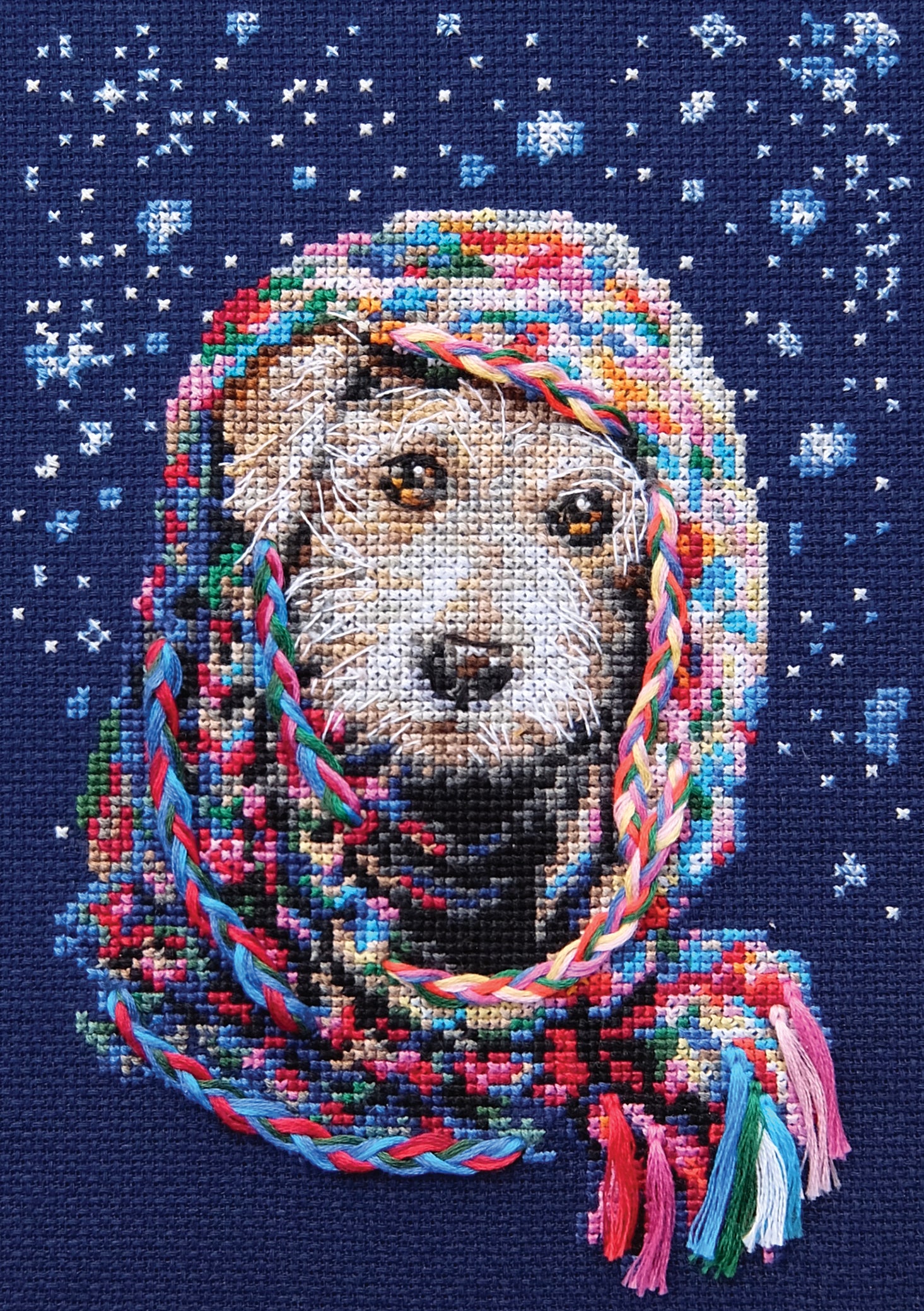 Warm and Soft M702 Counted Cross Stitch Kit featuring blue Aida fabric, DMC threads, and included needle and chart.