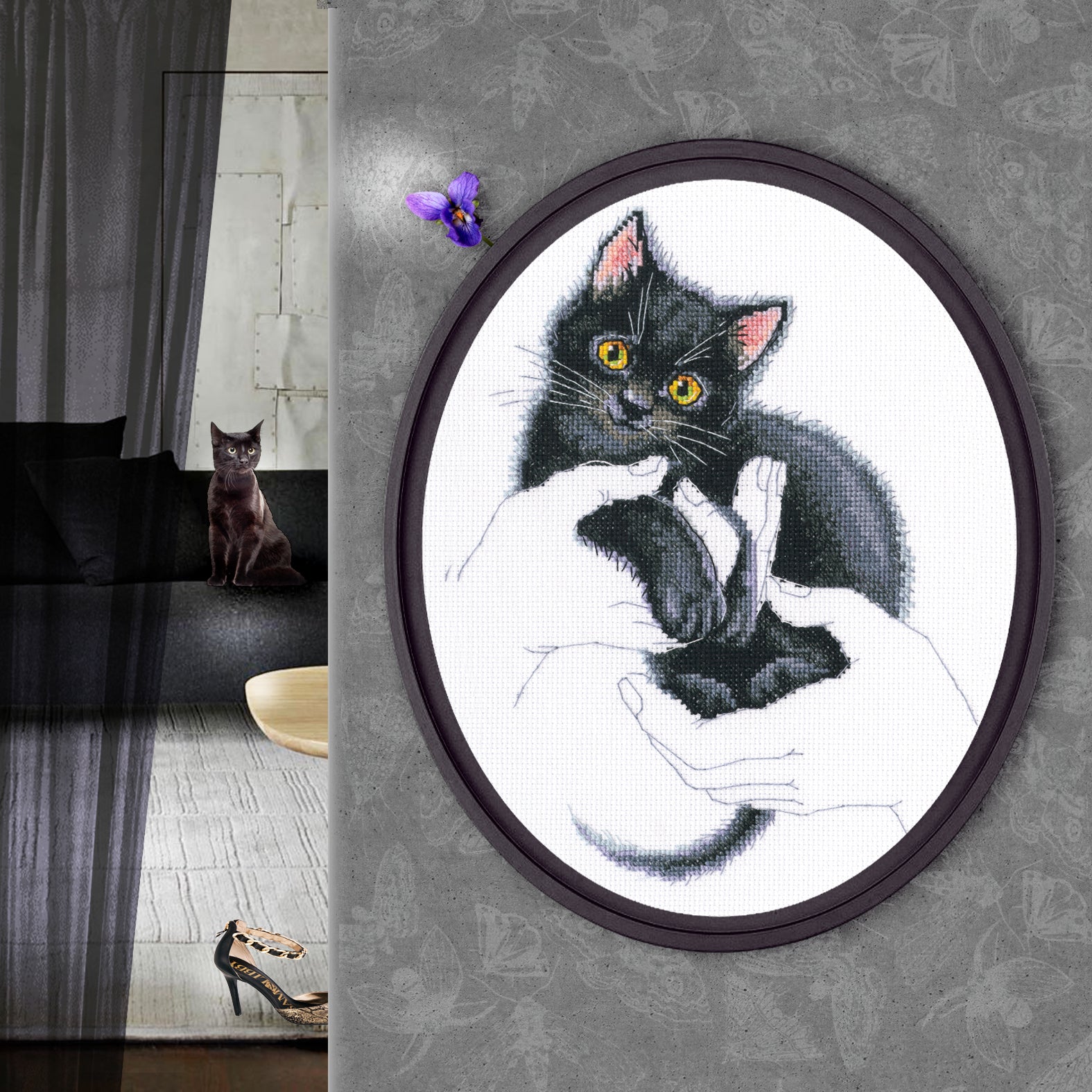 Warmth in Palms M906 Counted Cross Stitch Kit featuring white Aida canvas, DMC threads, and included accessories.