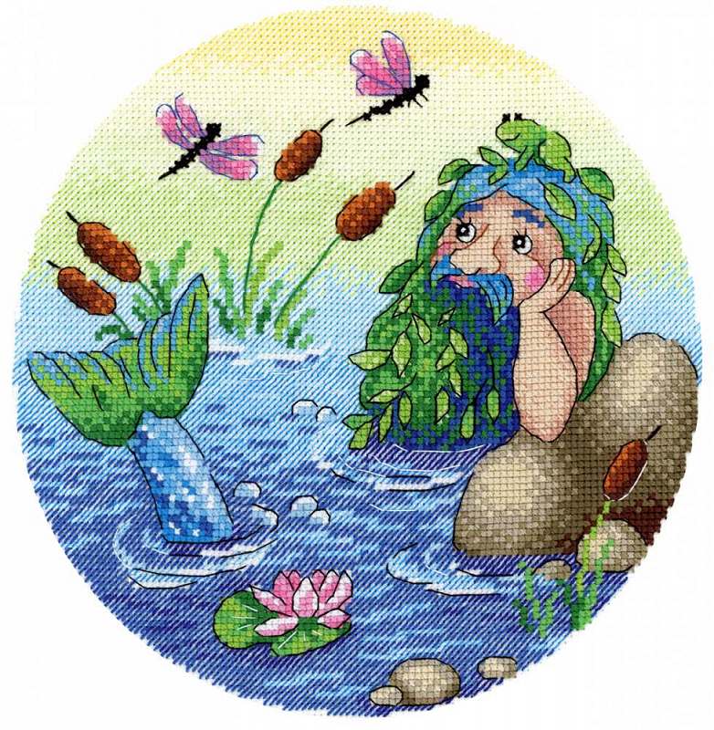 Water Elf SNV-745 Counted Cross Stitch Kit featuring Aida canvas, colorful threads, and a needle for crafting.