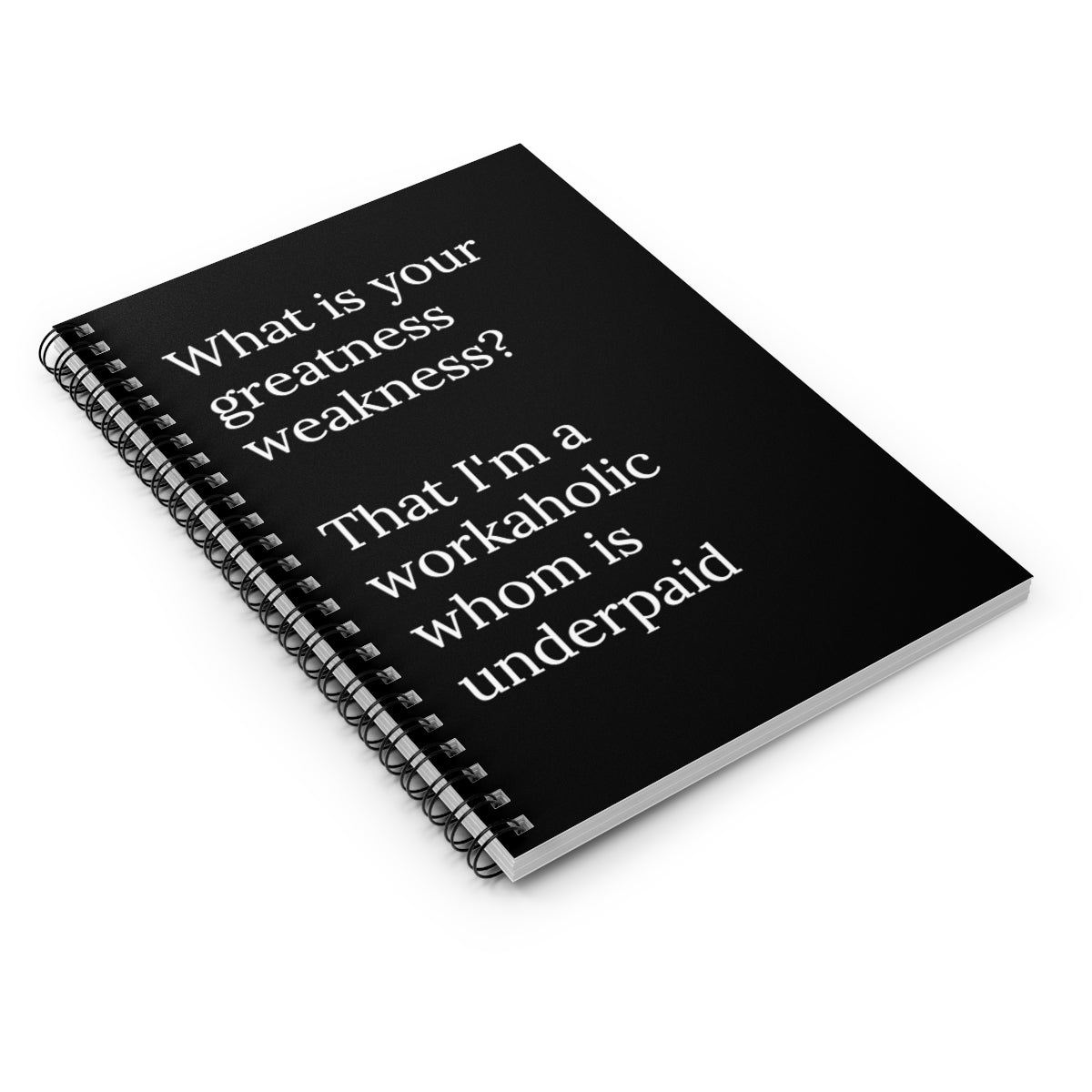 A spiral notebook with ruled line paper, featuring a sleek design and 118 pages, perfect for workaholics and office use.