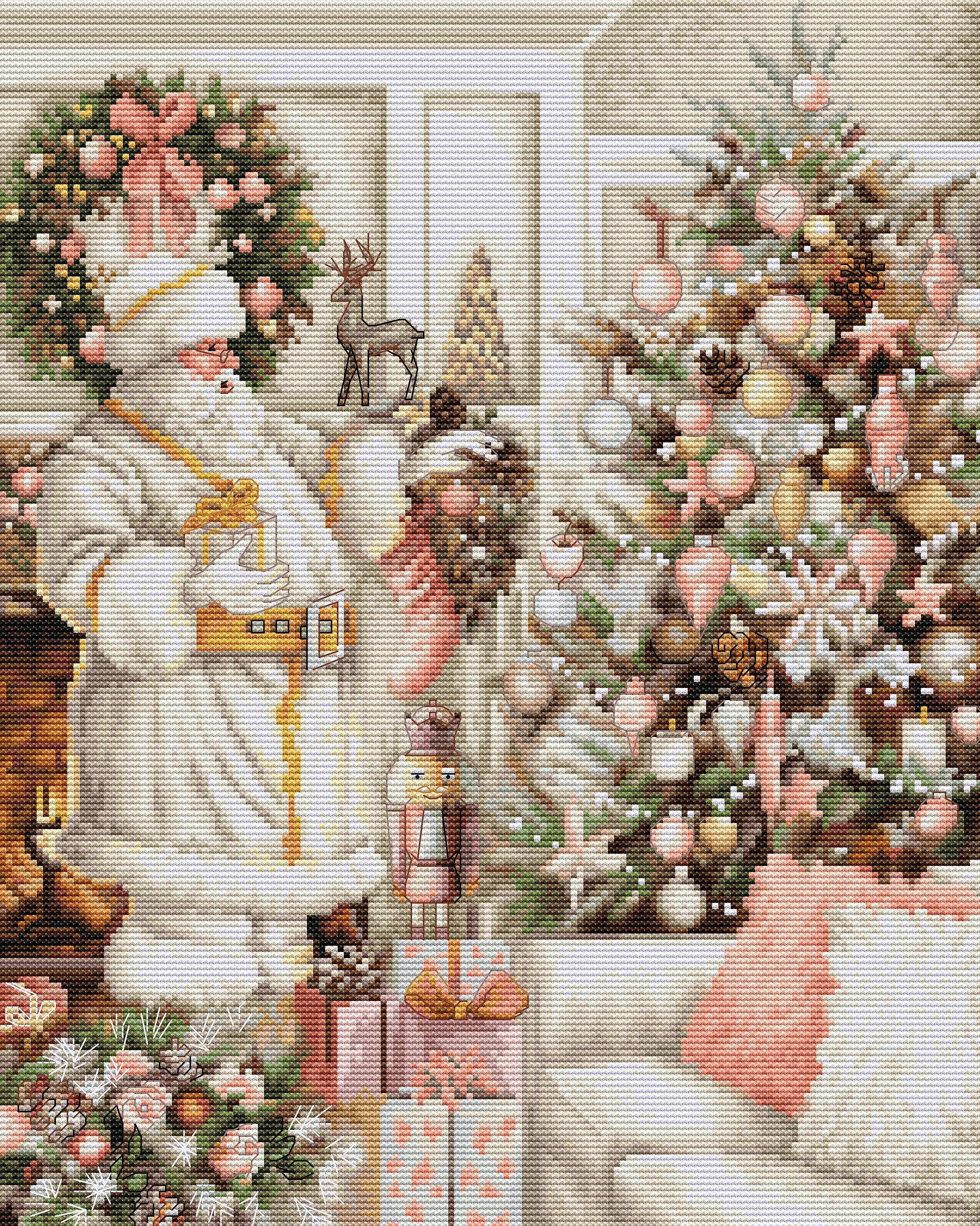 A counted cross-stitch kit featuring a white Santa Claus with a Christmas tree, including Aida canvas, colorful threads, and a needle.