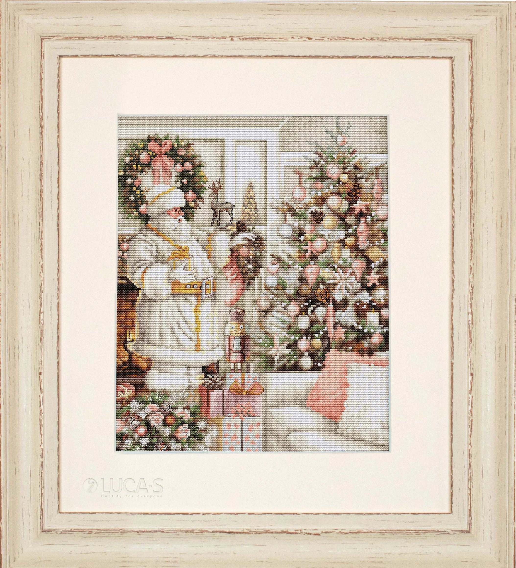 A counted cross-stitch kit featuring a white Santa Claus with a Christmas tree, including Aida canvas, colorful threads, and a needle.