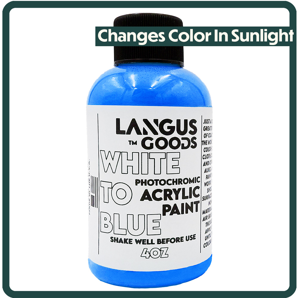 White to Blue Photochromic Fabric & Airbrush Paint in a bottle, showcasing its vibrant color-changing properties under sunlight.