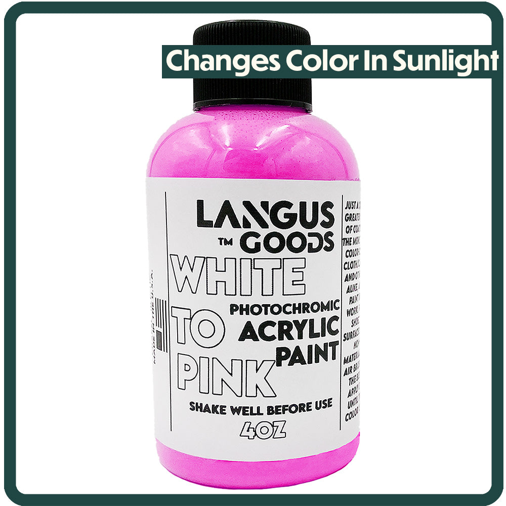 White to Pink Photochromic Fabric & Airbrush Paint in a bottle, showcasing its vibrant color-changing properties under sunlight.