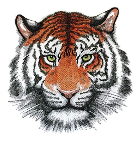Wild Beauty Tiger embroidered patch featuring a detailed tiger portrait on a cotton base, ideal for iron-on or sewing applications.
