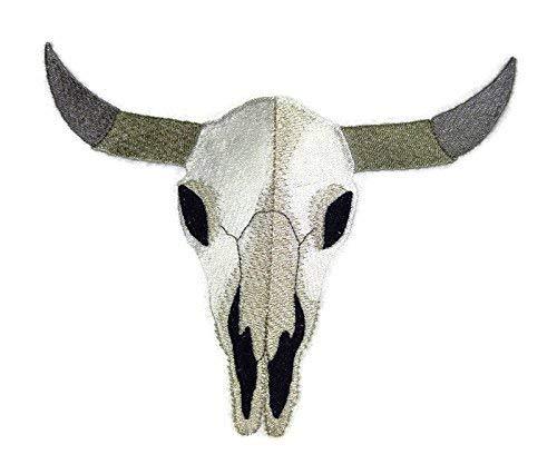 Wild West Steer Skull embroidered patch with intricate details, measuring 7.33 inches by 5.8 inches, perfect for iron-on or sewing applications.
