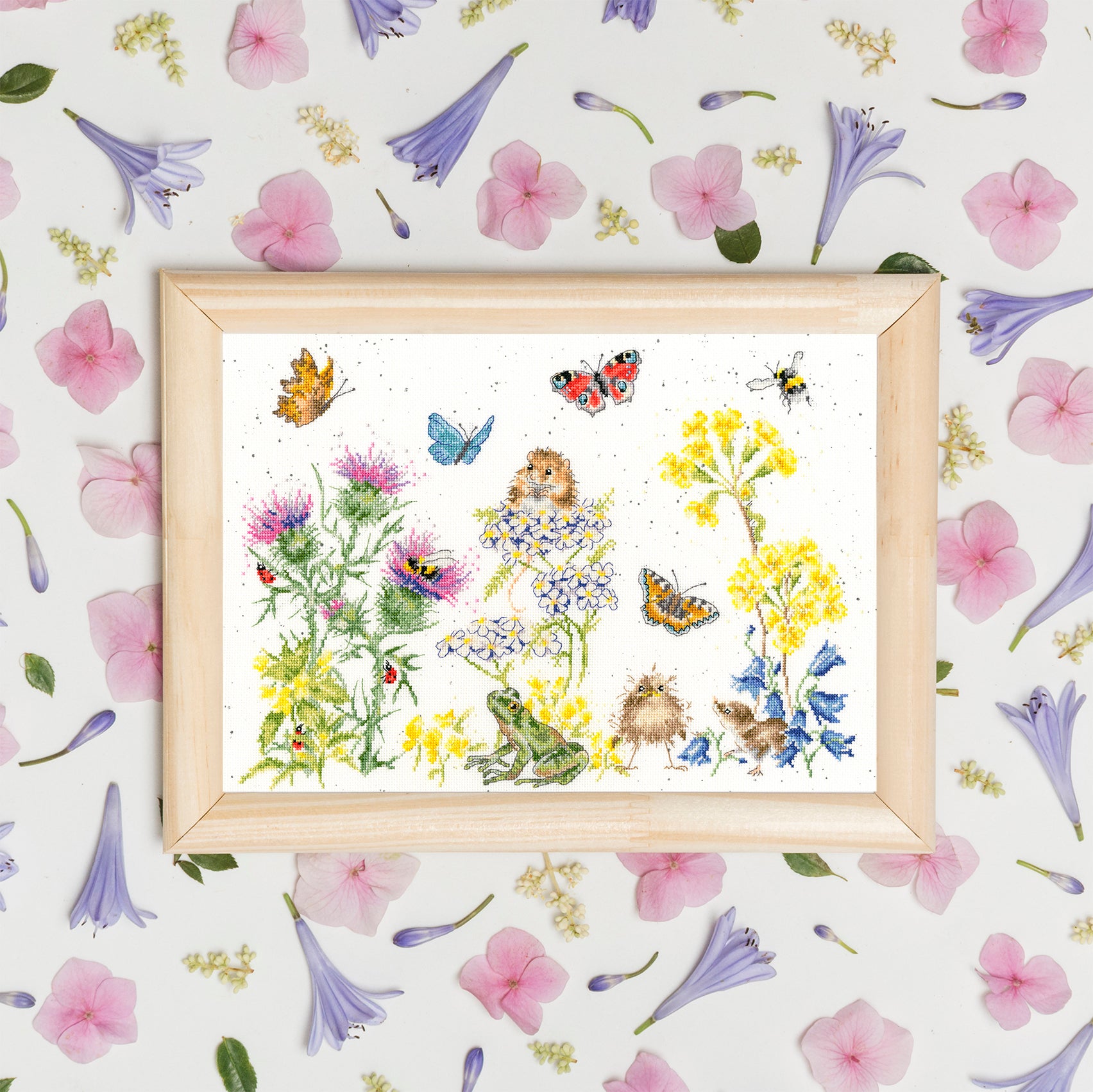 Wildflower Memories XHD100 Counted Cross Stitch Kit featuring 16 count Aida fabric, pre-sorted threads, and included needle and instructions.