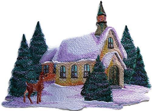 Winter Bonanza embroidered patch featuring a watercolor deer in a country scene, showcasing vibrant colors and intricate embroidery details.