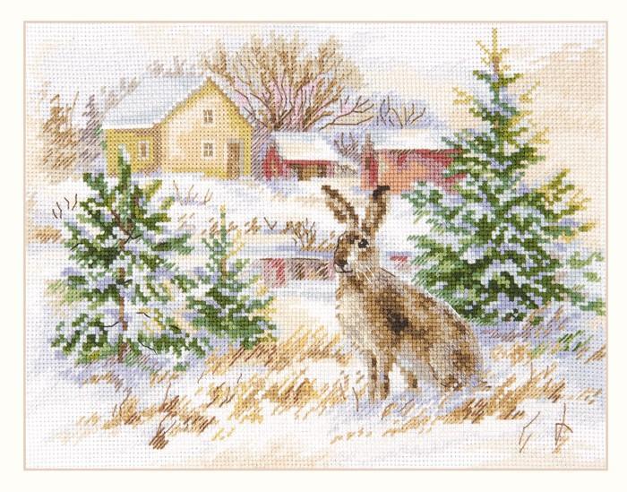 Winter Day Brown Hare Cross-Stitch Kit featuring white Aida fabric, colorful threads, and an embroidery needle.