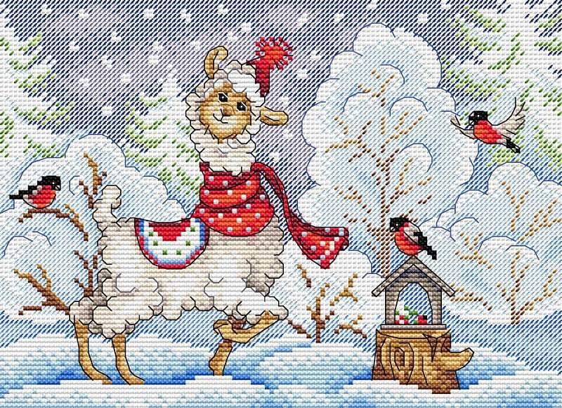 Winter Evening SM-590 Counted Cross Stitch Kit featuring Aida canvas, colorful threads, and a needle for stitching.
