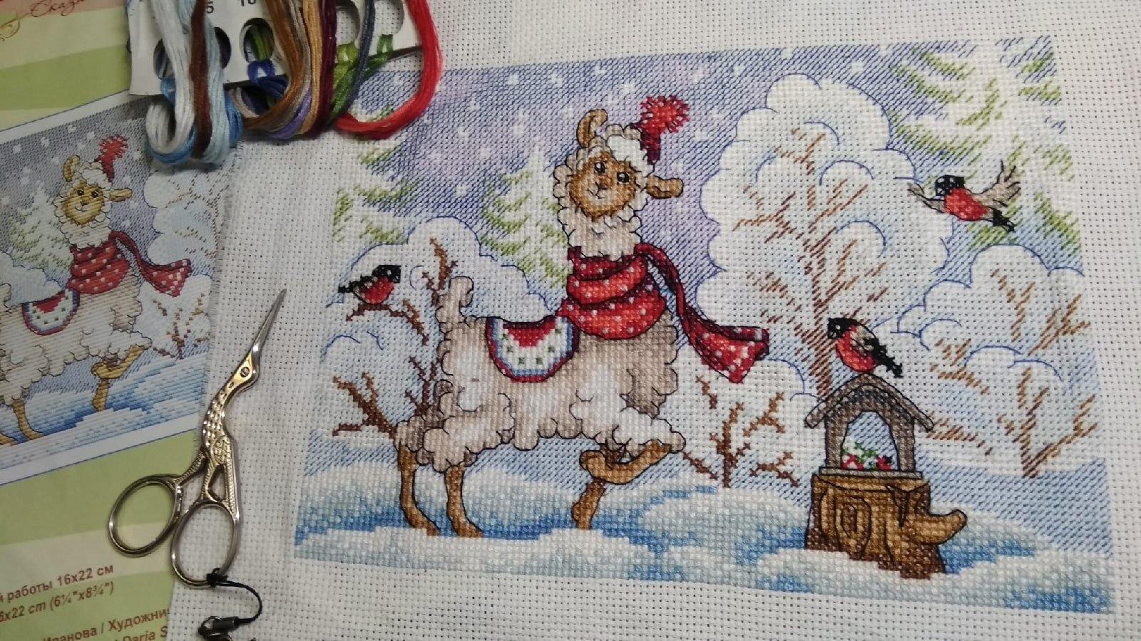 Winter Evening SM-590 Counted Cross Stitch Kit featuring Aida canvas, colorful threads, and a needle for stitching.
