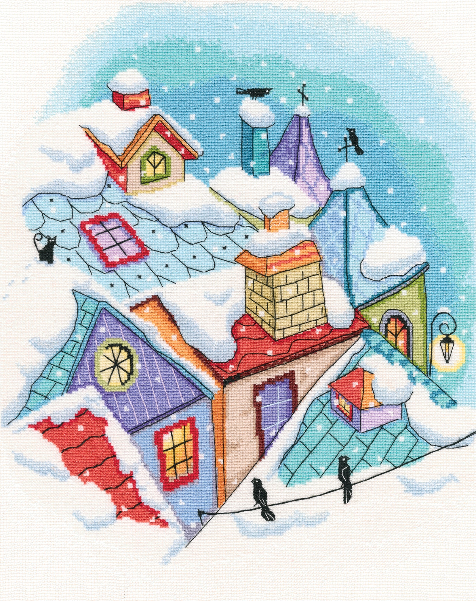 Winter on the Roofs M655 Counted Cross Stitch Kit featuring Aida canvas, DMC threads, and detailed instructions.