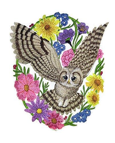 Woodland Whimsy Owl Oval Embroidered Patch featuring a colorful owl design on a cotton base, ideal for iron-on or sewing applications.