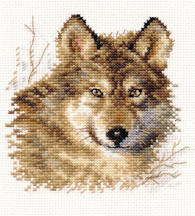 Wolf 1-27 Cross-stitch kit featuring white aida fabric, colorful threads, and an embroidery needle.