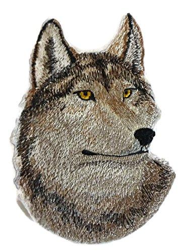 Detailed embroidered patch featuring a wolf face design, suitable for iron-on or sewing applications.