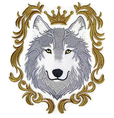 A detailed embroidered patch featuring a wolf in a baroque style, showcasing intricate designs and vibrant colors on a cotton base.
