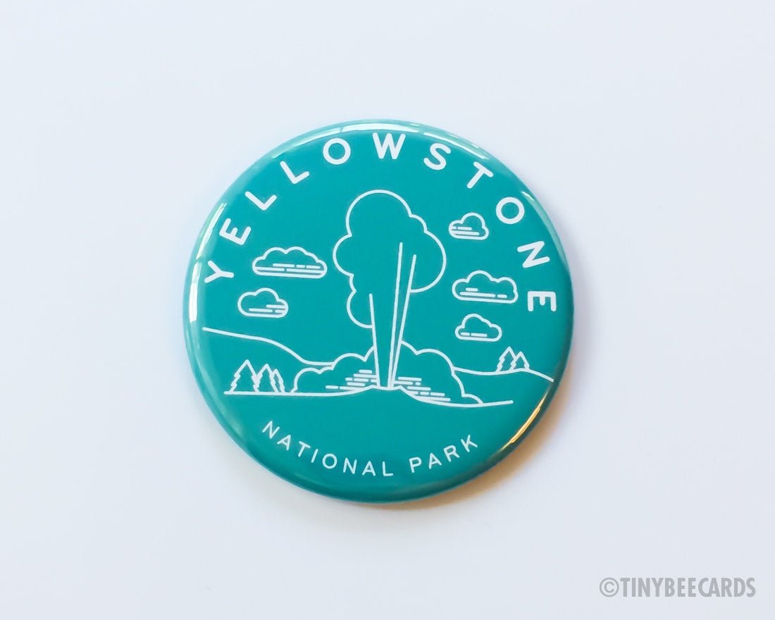 A 2.25-inch round magnet featuring Yellowstone National Park scenery with text, perfect for gifts.