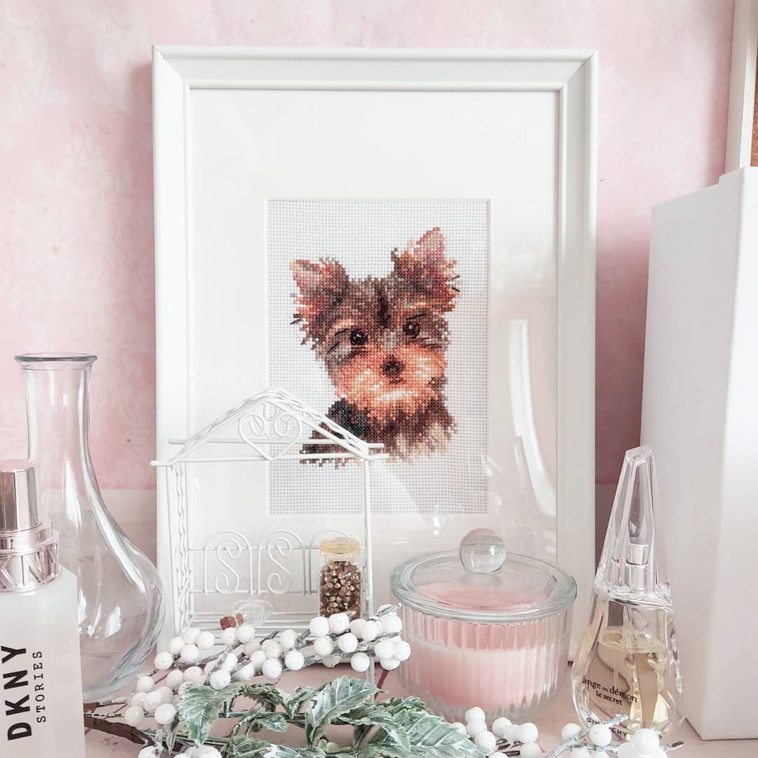 York 1-29 Cross-stitch kit featuring white Aida fabric, 17 colorful threads, and an embroidery needle.