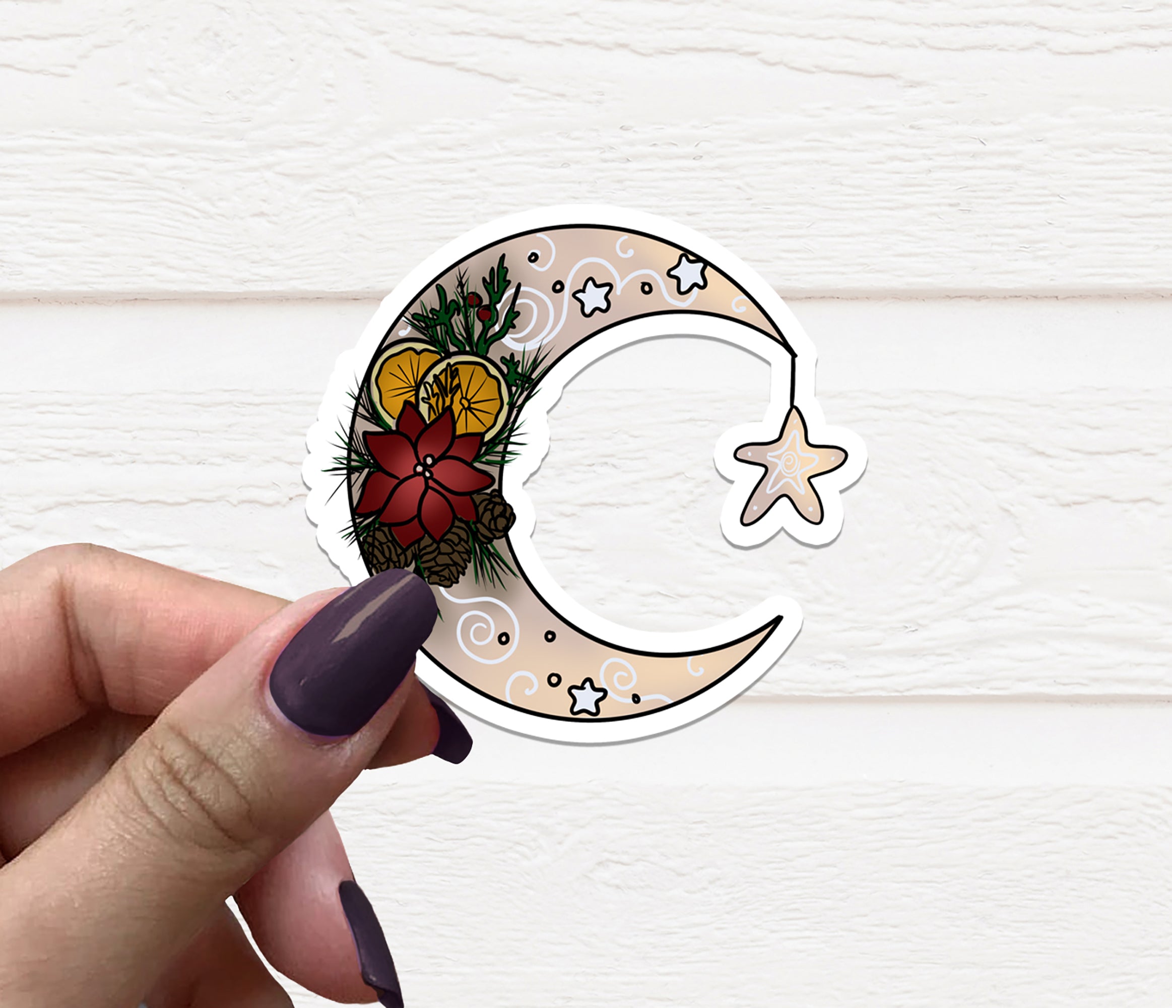 Yule Moon vinyl sticker featuring a festive design, perfect for holiday decorations and personalizing items.