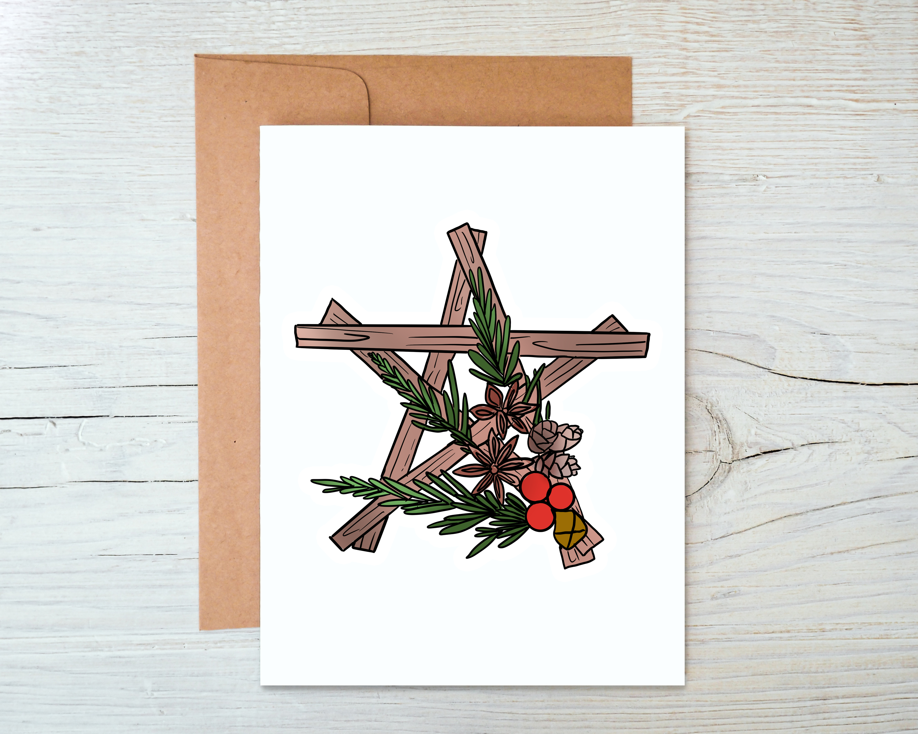 Yule Star Card featuring a blank interior and a kraft envelope, elegantly designed for holiday greetings.