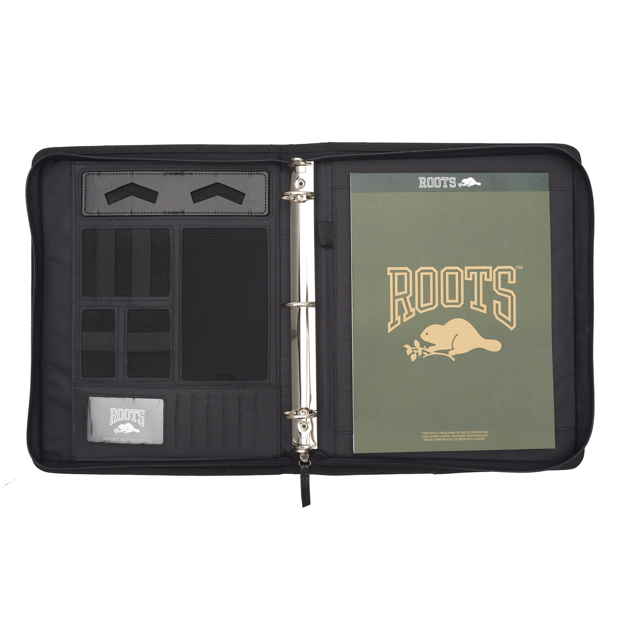Elegant Zip Around Padfolio with Handle, featuring premium PU and nylon materials, multiple card slots, and a secure zip closure.