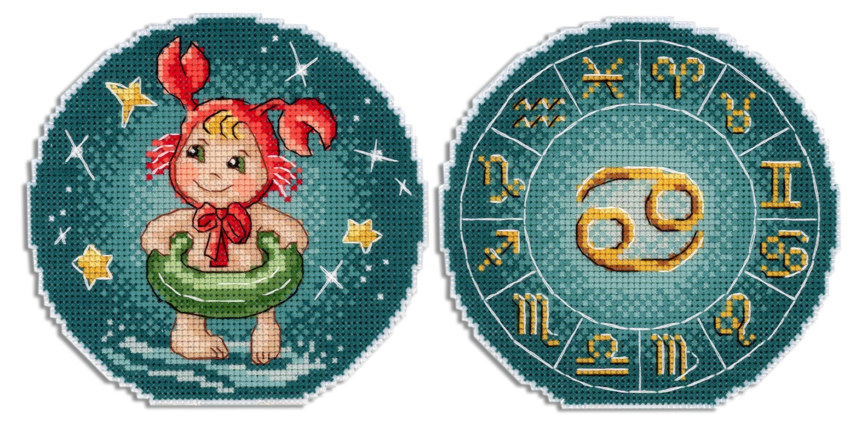 Zodiac Signs Cancer SR-696 Cross Stitch Kit featuring plastic canvas, colorful threads, and needle.