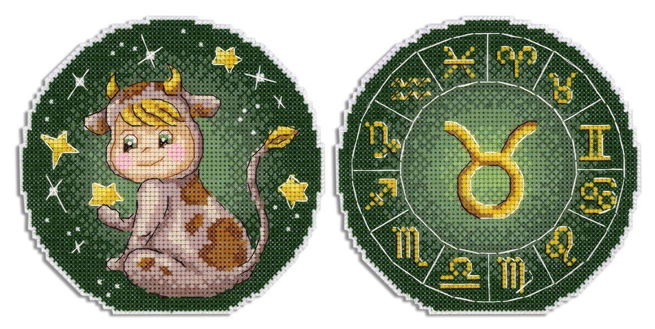Taurus SR-699 Plastic Canvas Counted Cross Stitch Kit with threads, needle, and instructions, showcasing vibrant colors and zodiac design.