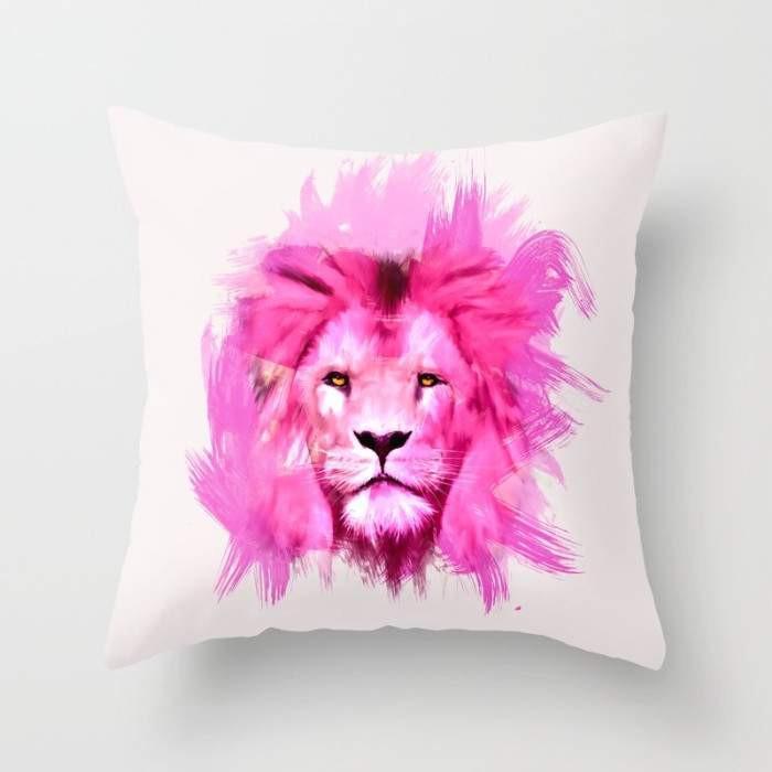 A vibrant pink lion cushion with a whimsical design, featuring a double-sided print and a concealed zipper, perfect for home decor.