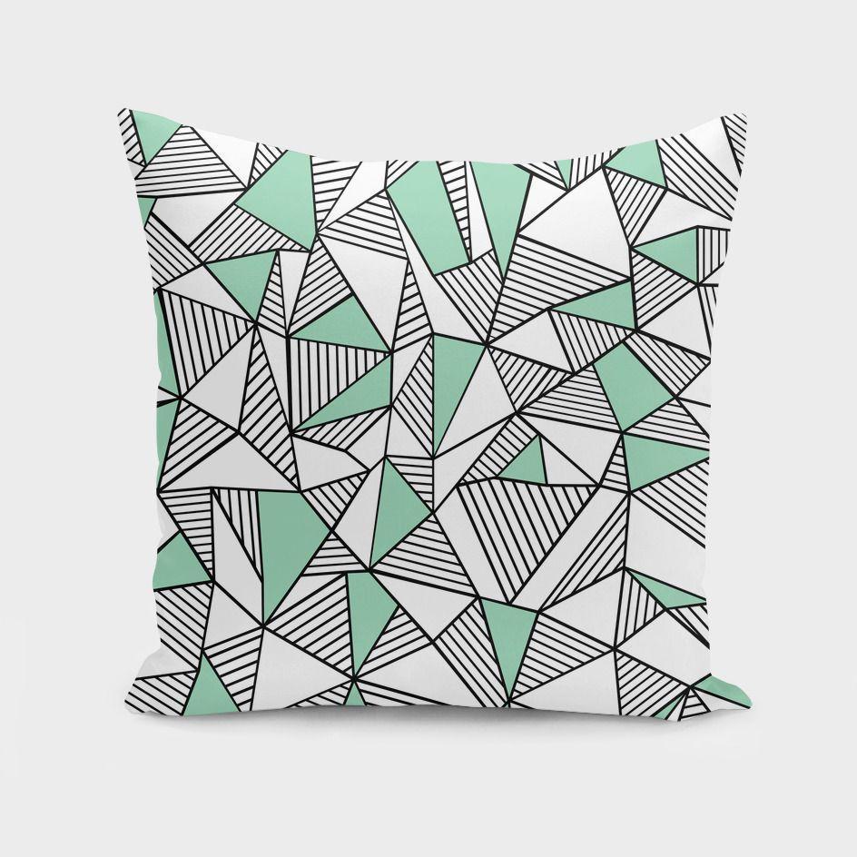 Ab Lines With Mint Blocks Cushion, 16x16 inches, featuring a stylish mint block design on 100% spun polyester fabric with a concealed zipper.