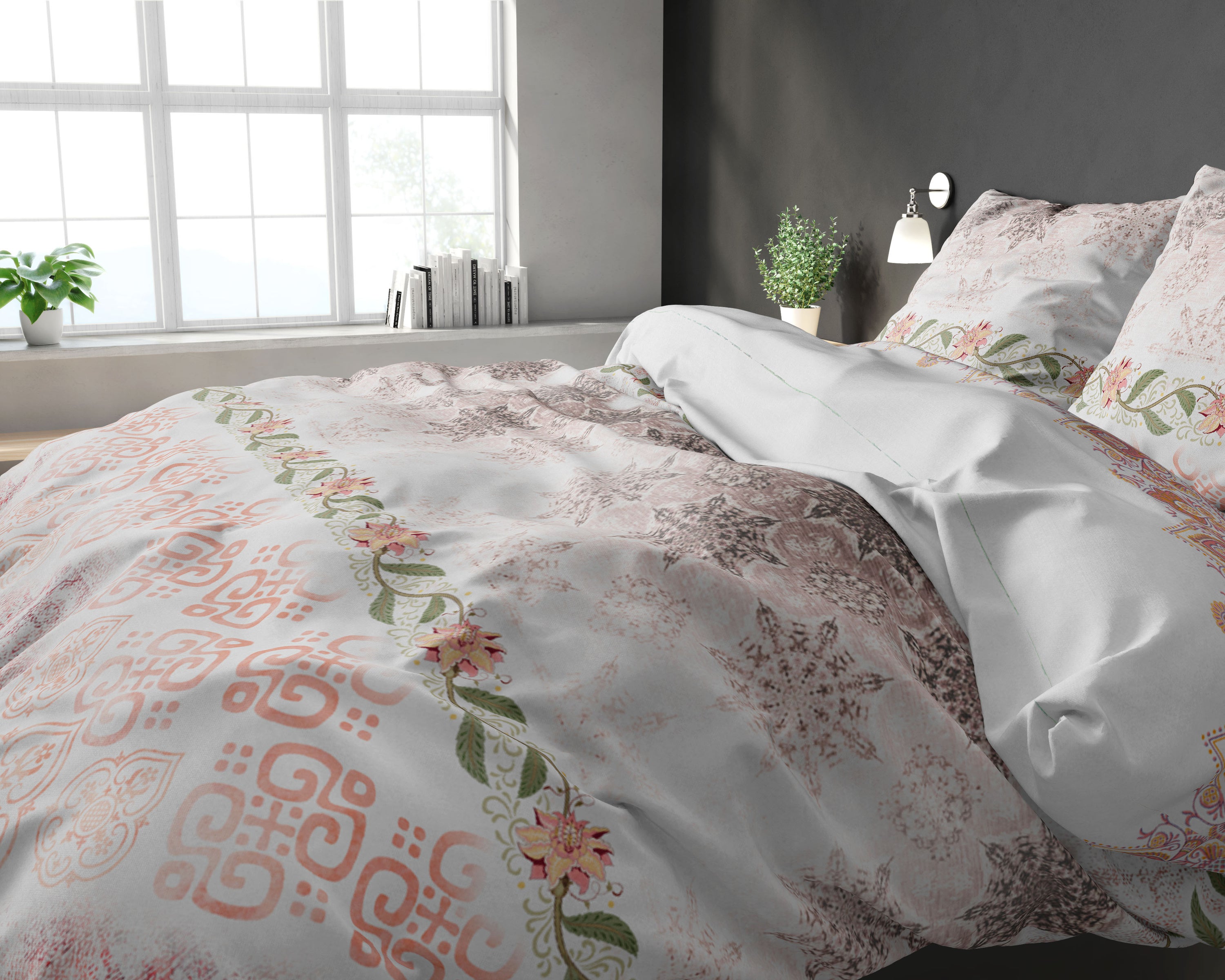 Vaaleanpunainen Andrea pussilakanasetti, koko 200 x 220 cm, sisältää kaksi tyynyliinaa, valmistettu puuvillasta ja mikroperkaalista.