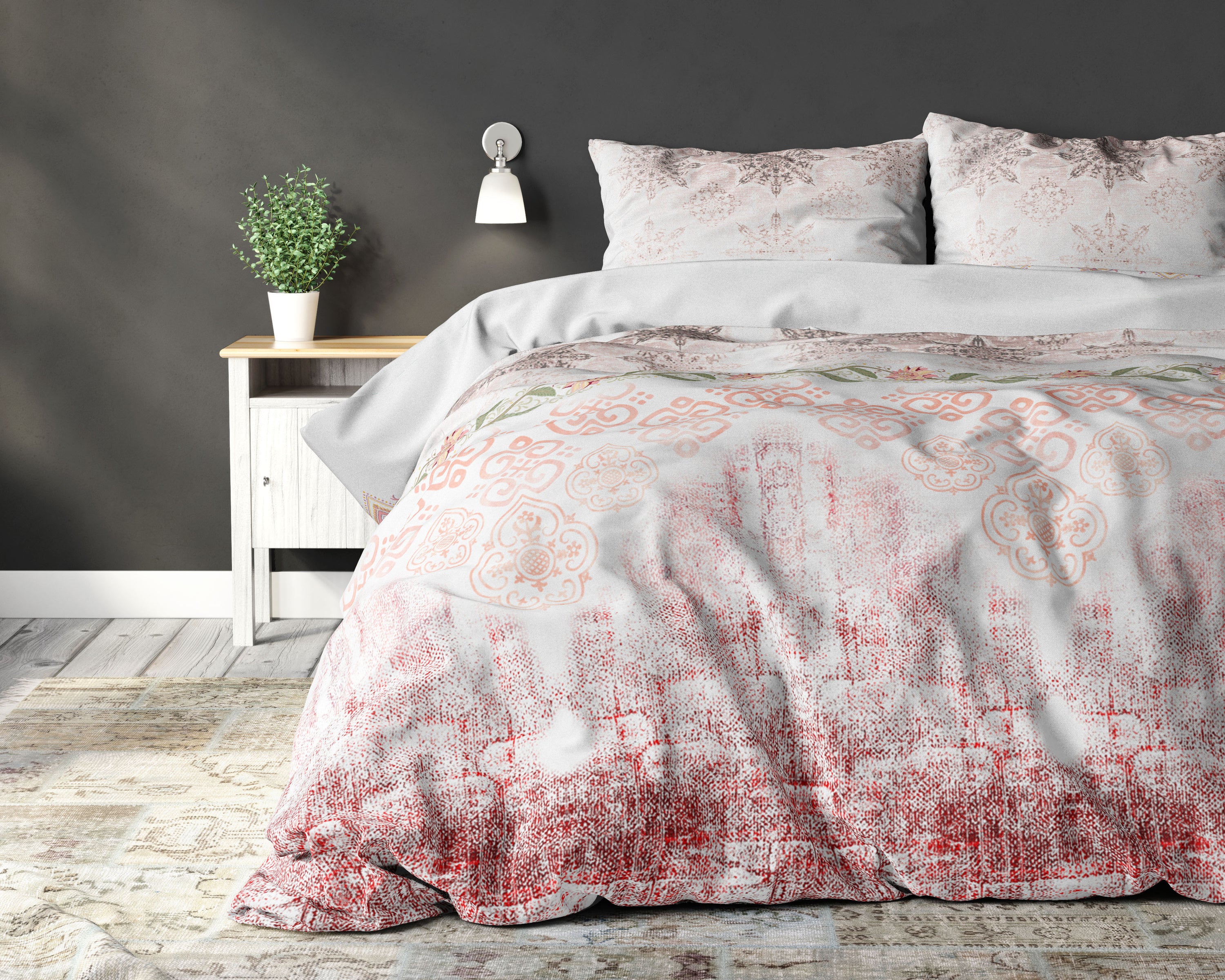 Vaaleanpunainen Andrea pussilakanasetti, koko 200 x 220 cm, sisältää kaksi tyynyliinaa, valmistettu puuvillasta ja mikroperkaalista.