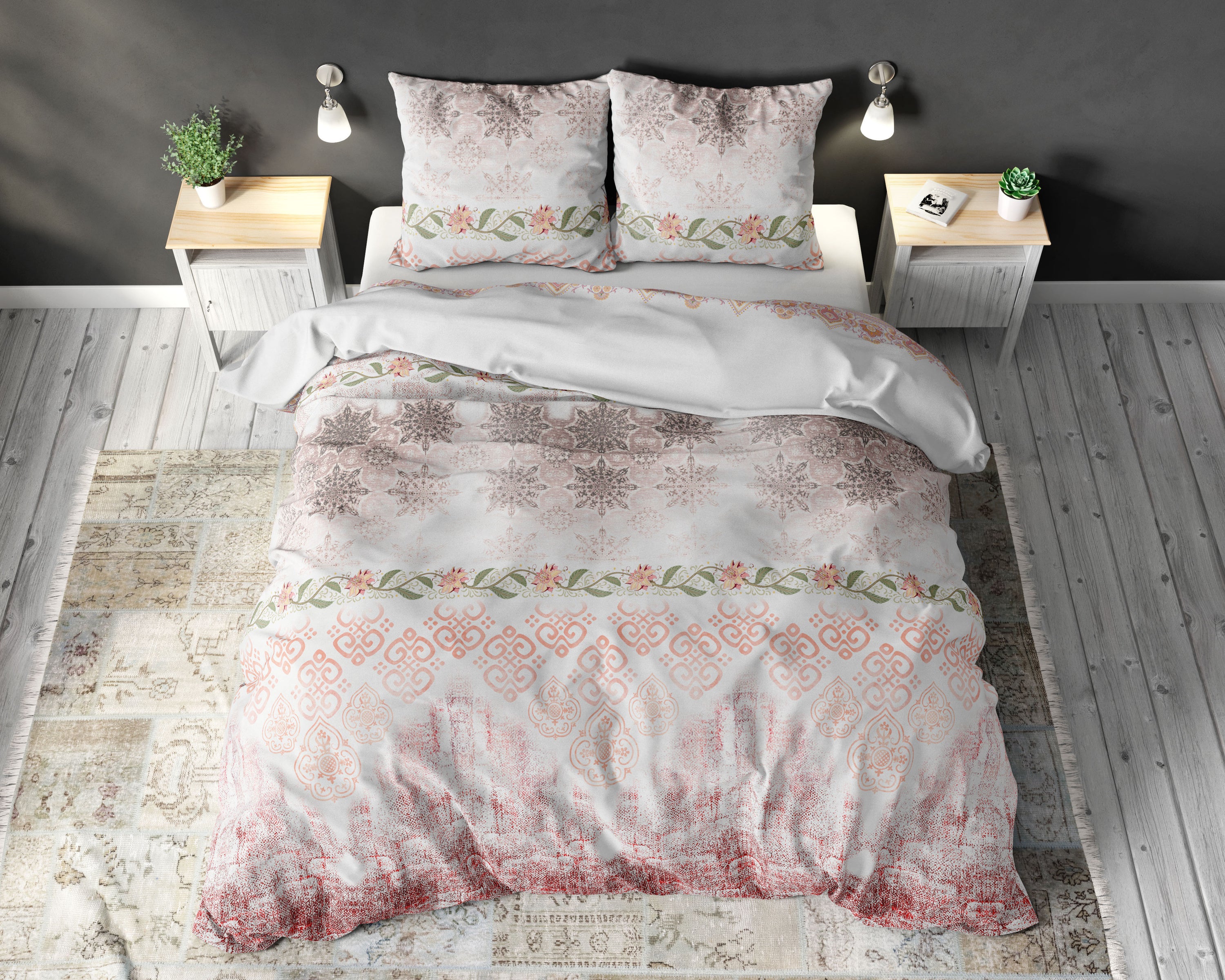 Vaaleanpunainen Andrea pussilakanasetti, koko 200 x 220 cm, sisältää kaksi tyynyliinaa, valmistettu puuvillasta ja mikroperkaalista.