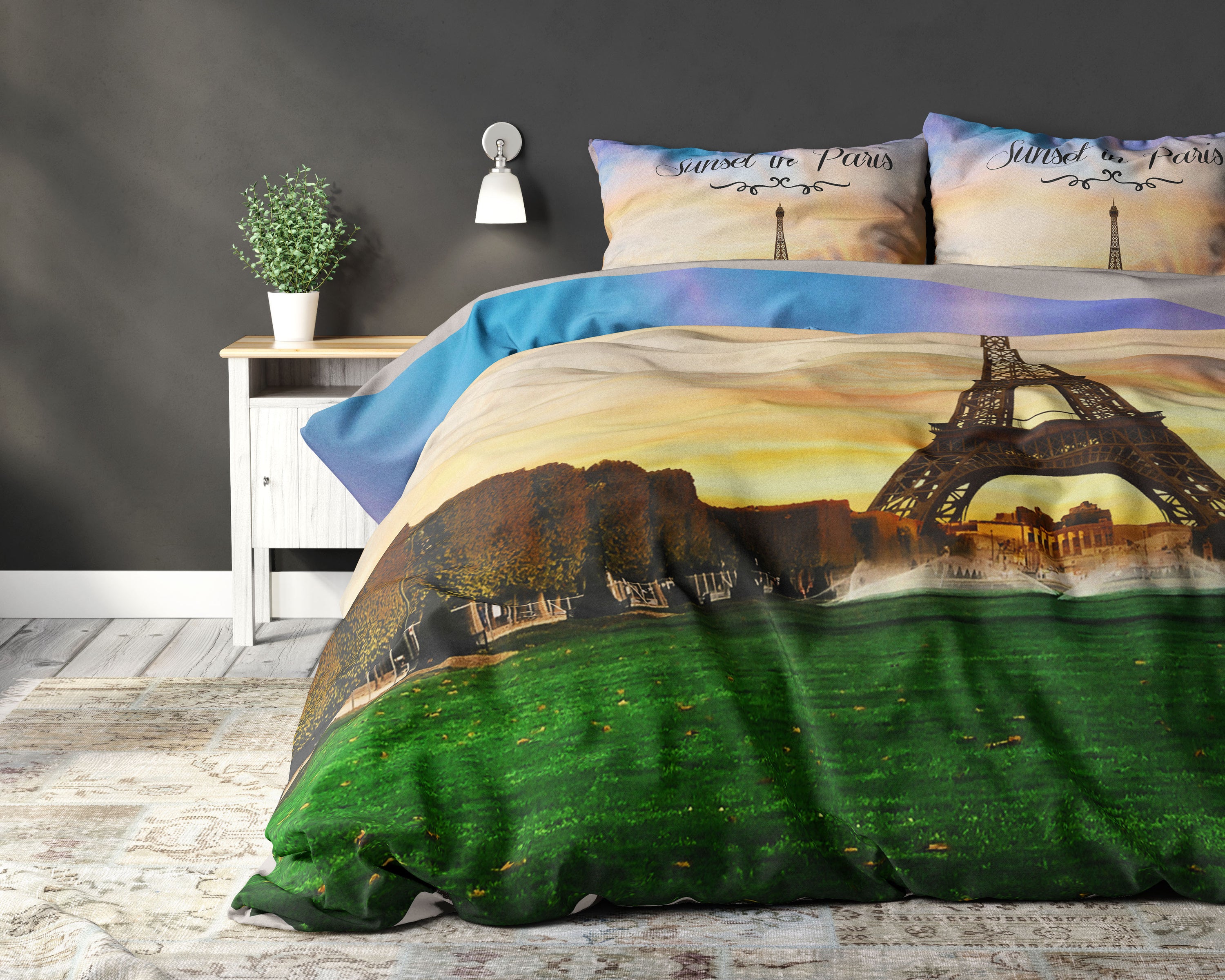 Monivärinen pussilakanasetti Auringonlasku Pariisissa, koko 240 x 220 cm, sisältää kaksi tyynyliinaa.