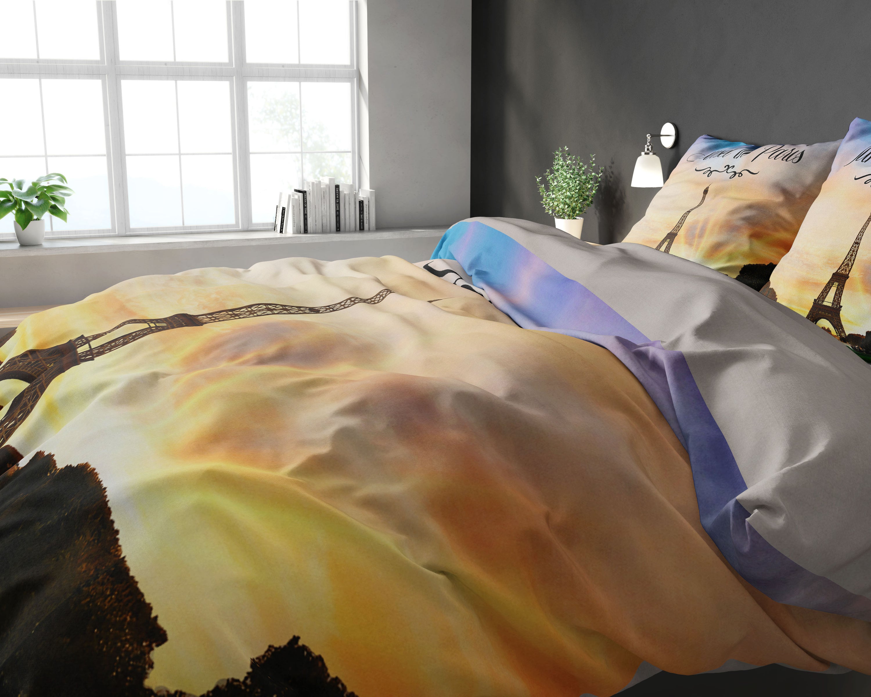 Monivärinen pussilakanasetti Auringonlasku Pariisissa, koko 240 x 220 cm, sisältää kaksi tyynyliinaa.