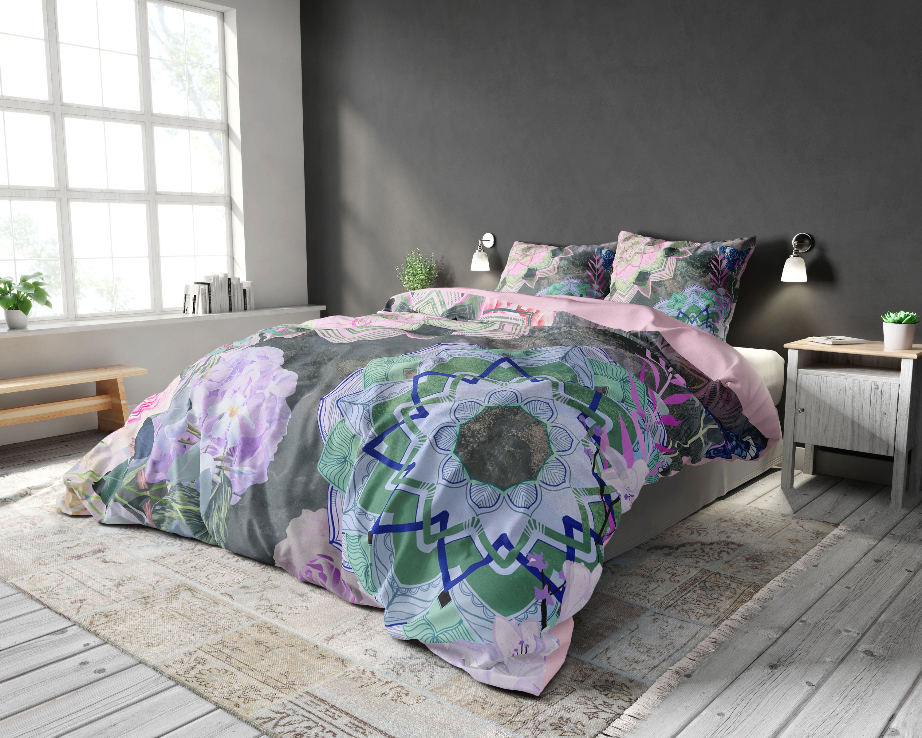 Ayse 240 x 220 pussilakanasetti, monivärinen, pehmeä puuvilla ja mikroperkaali, sisältää kaksi tyynyliinaa.