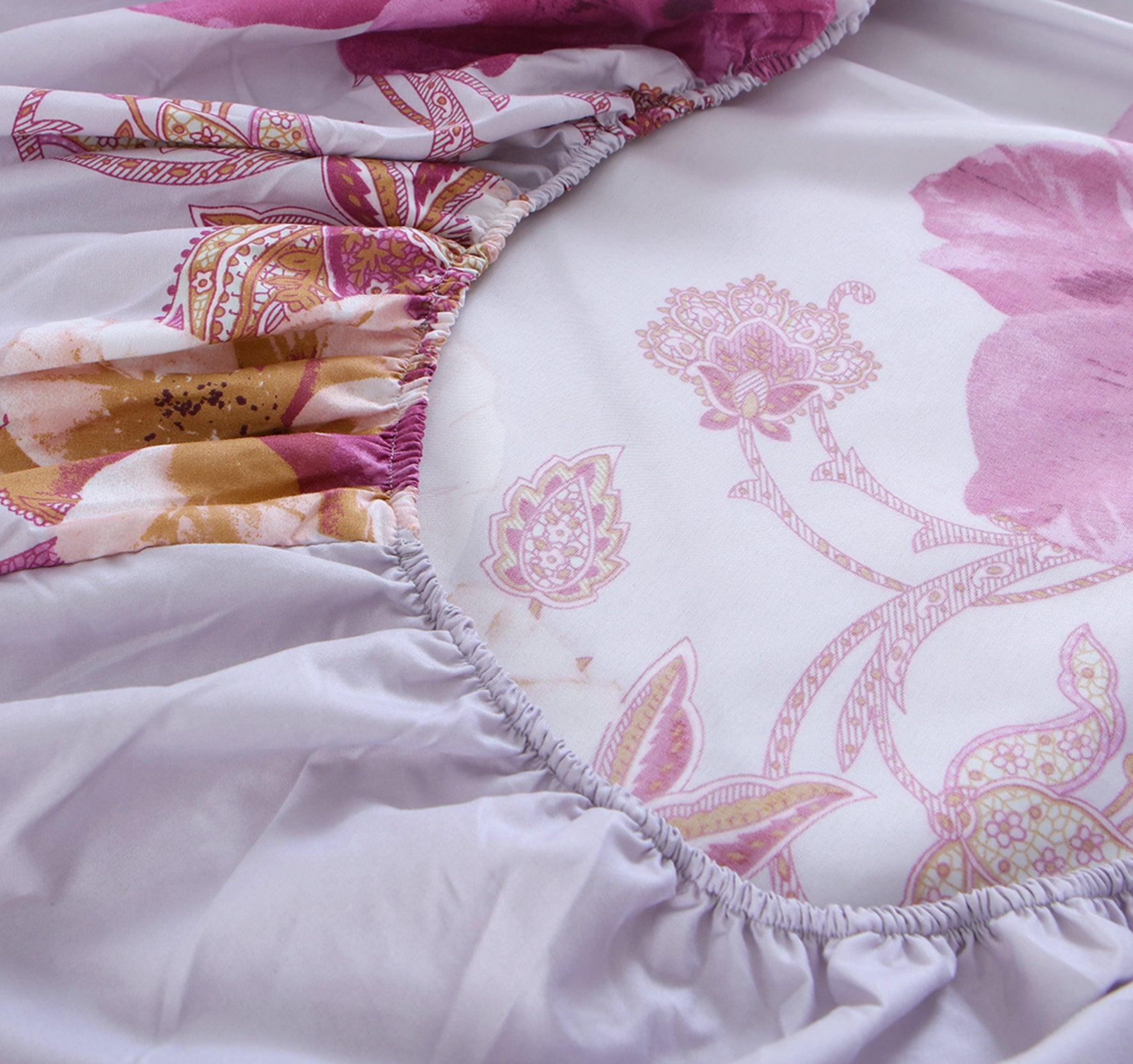 Belle Haven 6 Piece Sheet Set featuring vibrant colors and unique designs, includes flat sheet, fitted sheet, and four pillowcases.