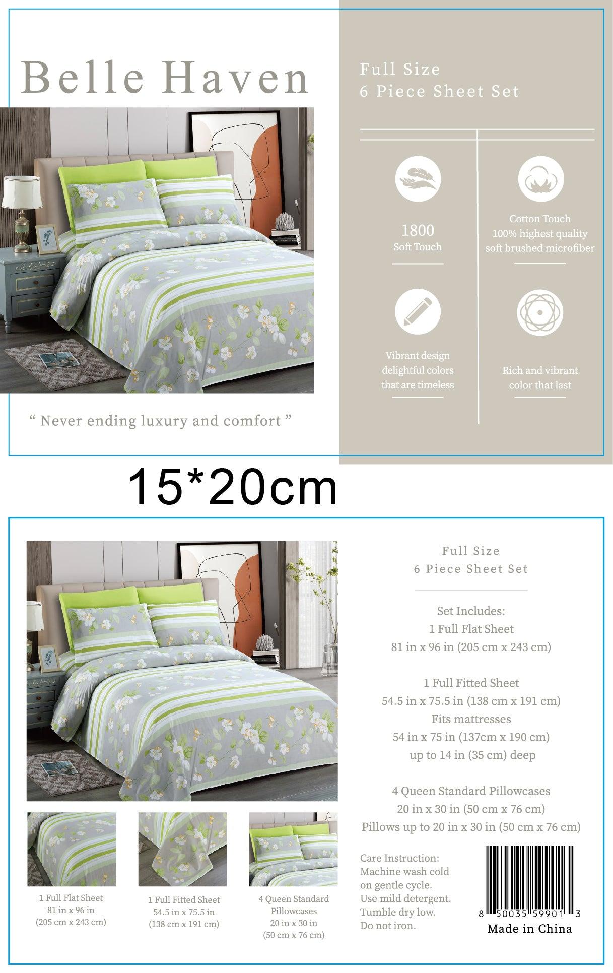 Belle Haven 6 Piece Sheet Set featuring vibrant colors and unique designs, includes flat sheet, fitted sheet, and four pillowcases.