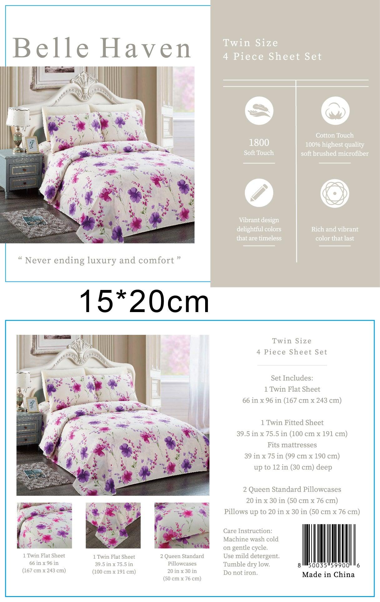 Belle Haven 6 Piece Sheet Set featuring vibrant colors and unique designs, includes flat sheet, fitted sheet, and four pillowcases.